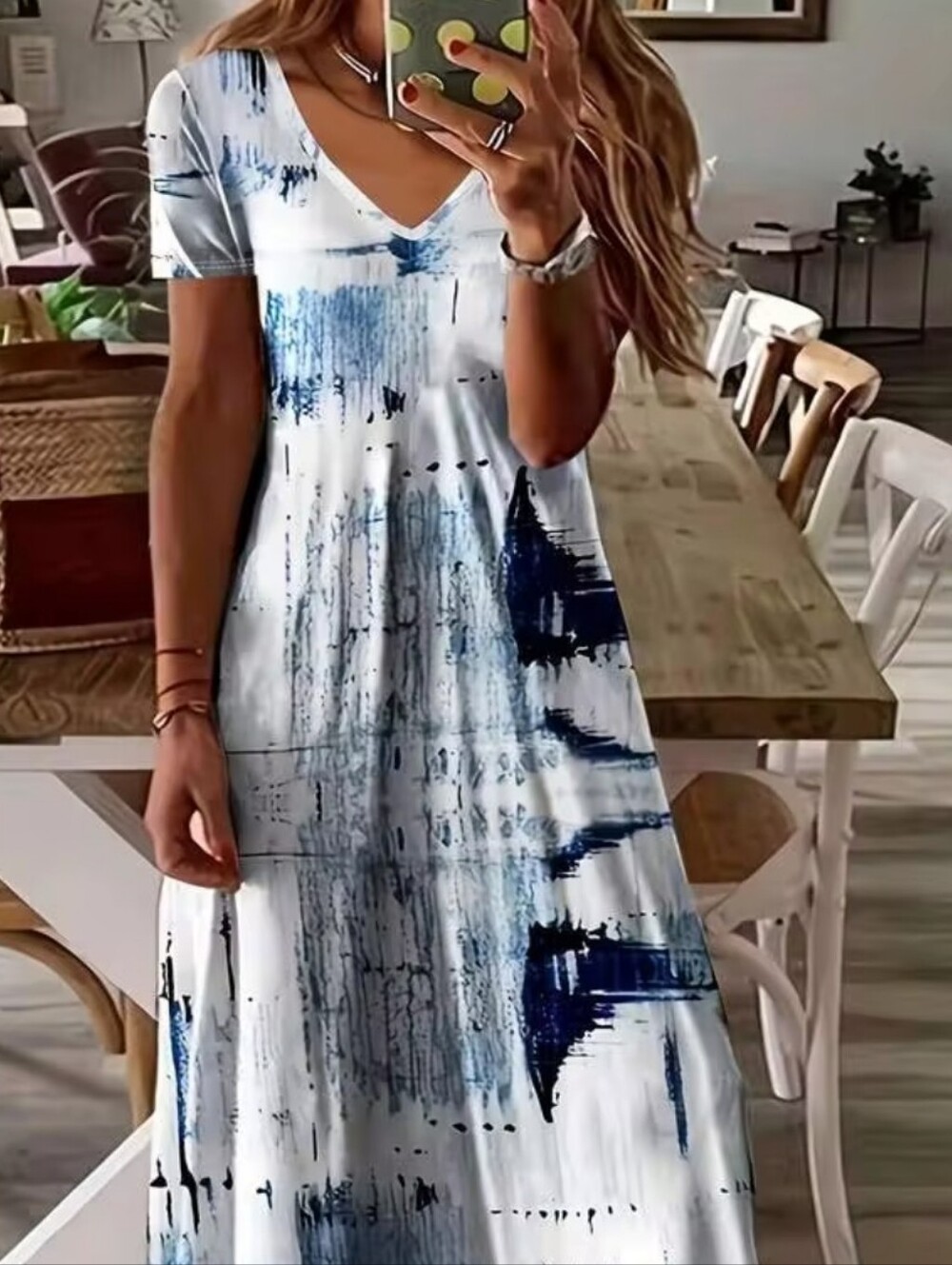 V-Neck Short Sleeve White & Navy Abstract Maxi Dress